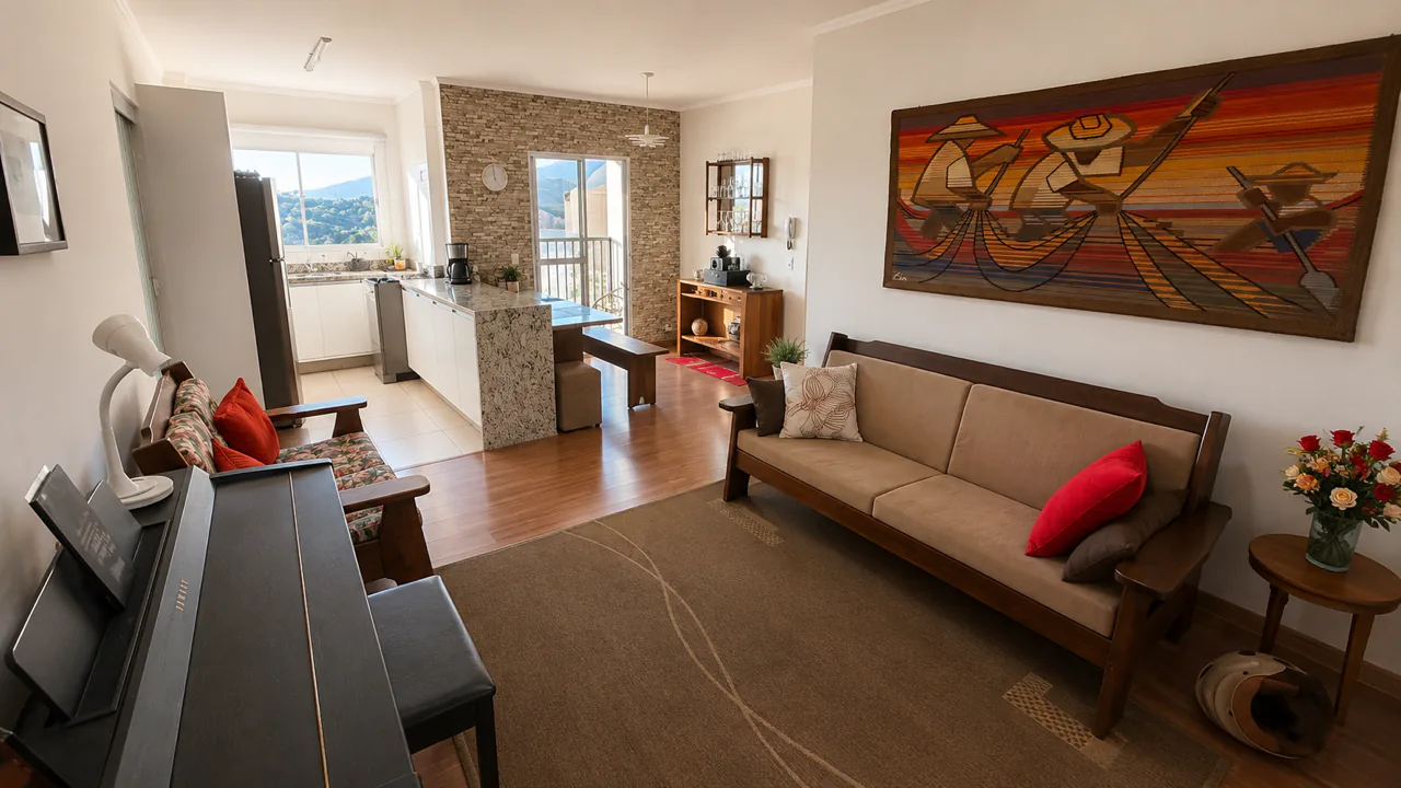Sala integrada com cozinha americana e varanda com vista para a serra